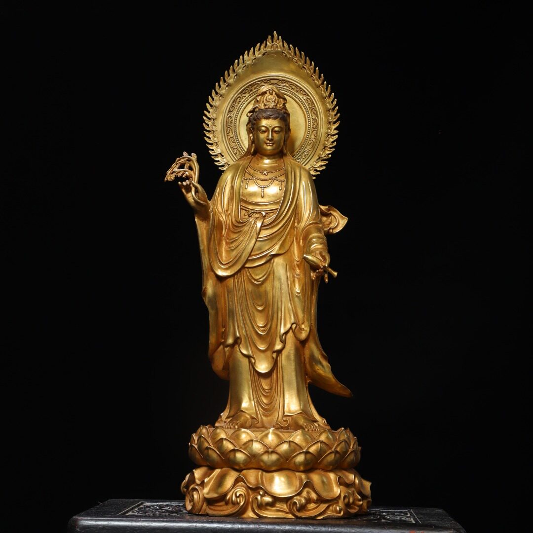 纯铜鎏金站观音菩萨佛像西方三圣家居佛堂供奉装饰工艺品复古摆件