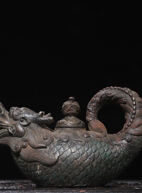 黄铜龙鱼壶仿古铜器万寿龙龟龙把酒壶茶壶家居酒店供奉装饰品摆件
