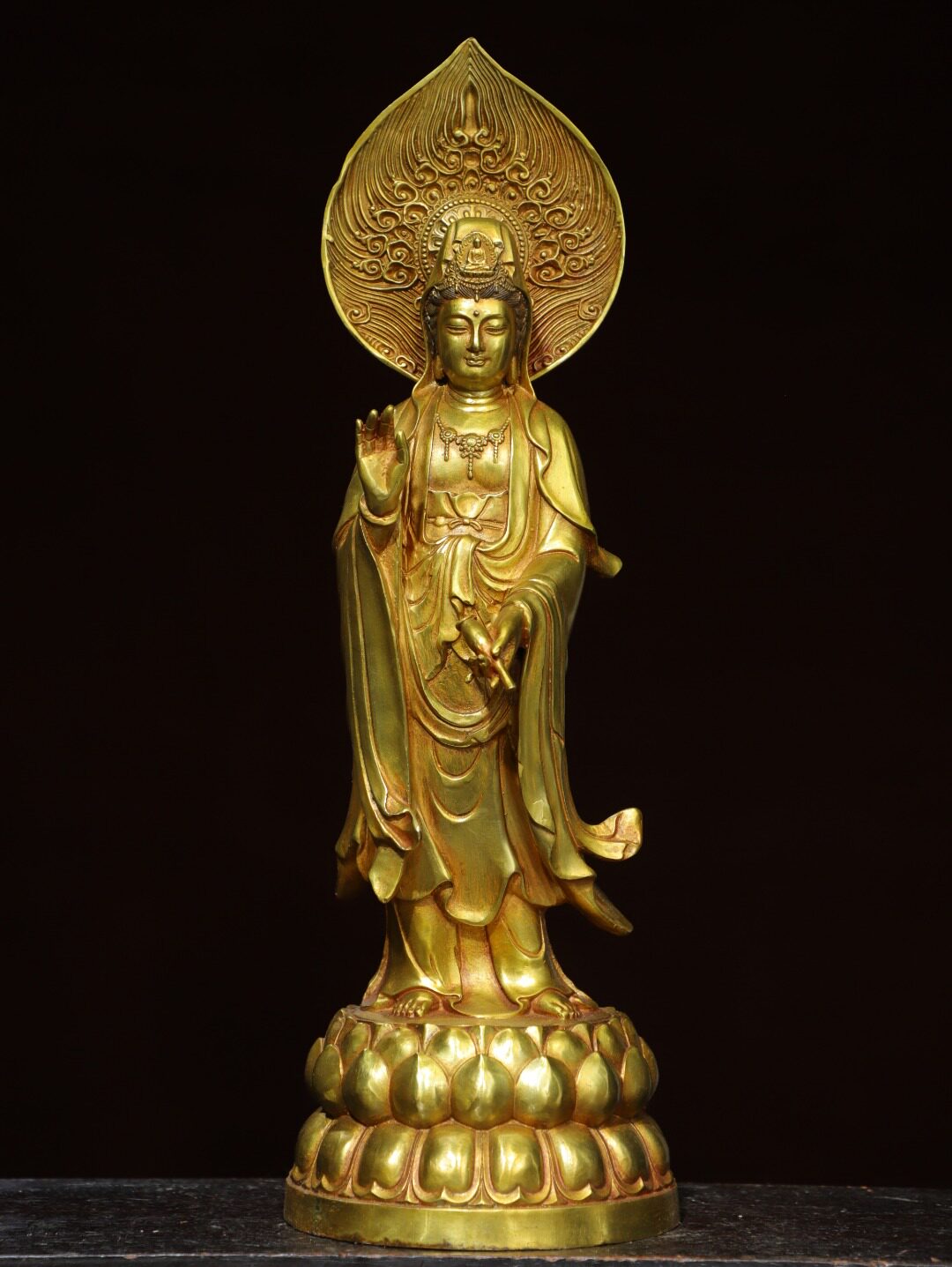 大号净瓶观音菩萨神佛像纯铜鎏金西方三圣家用佛堂供奉摆件工艺品