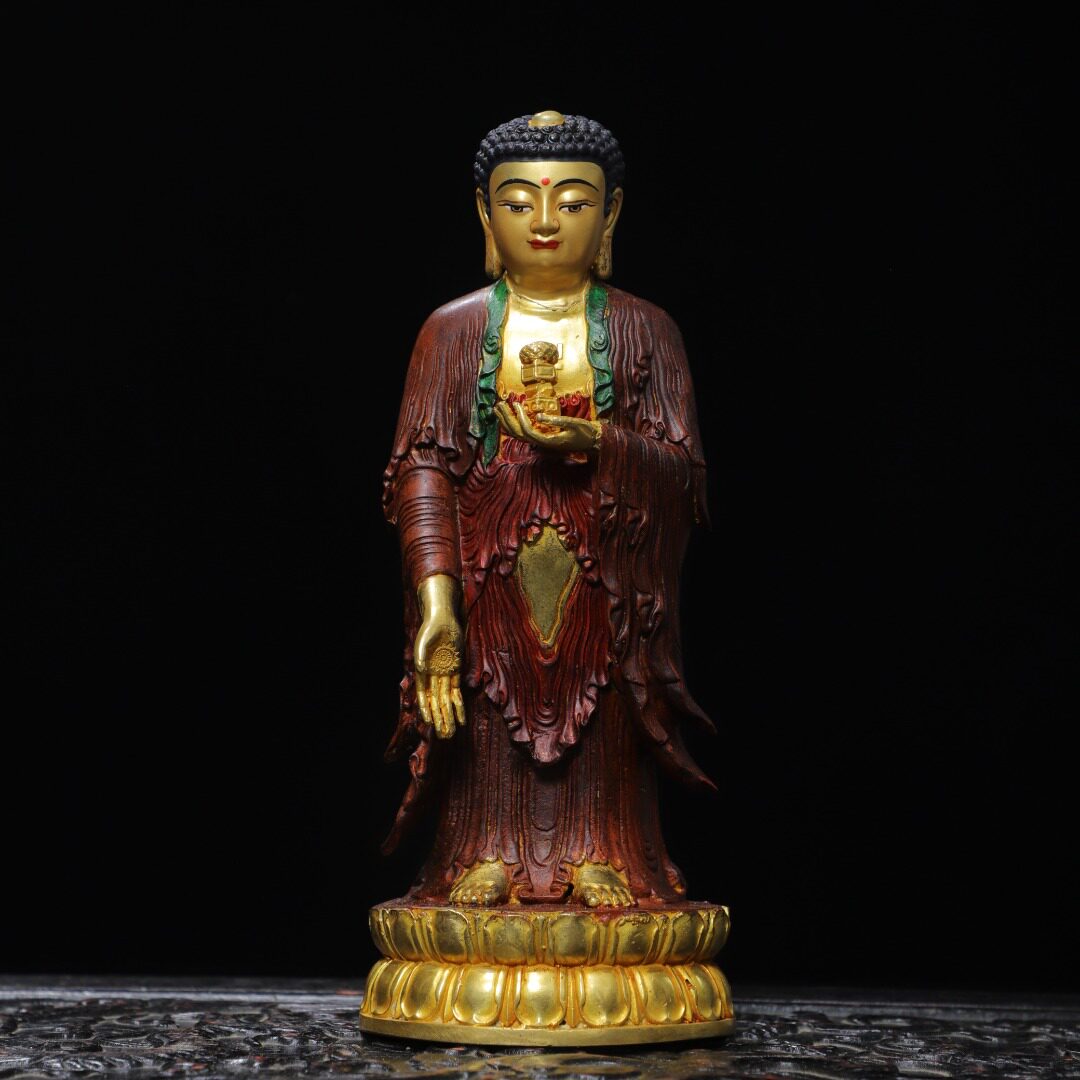 西方三圣佛像纯铜鎏金站阿弥陀佛释迦牟尼佛堂供佛装饰品复古摆件