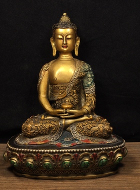 纯铜彩绘释迦牟尼佛像仿古铜器家居佛堂供奉装饰用品桌面工艺摆件