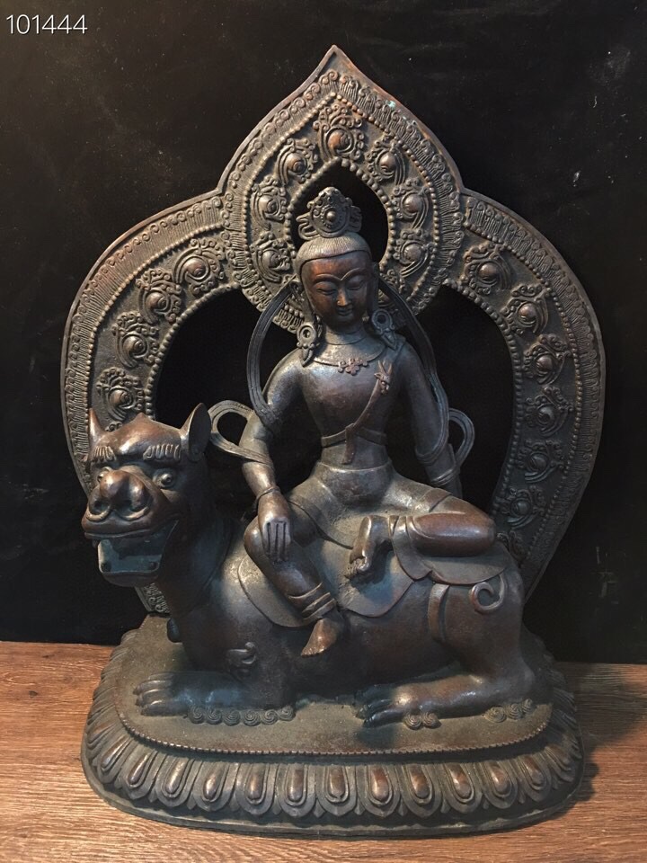 黄铜雕文殊菩萨复古坐像带背光摆件华严三圣佛像文书普萨家用大号