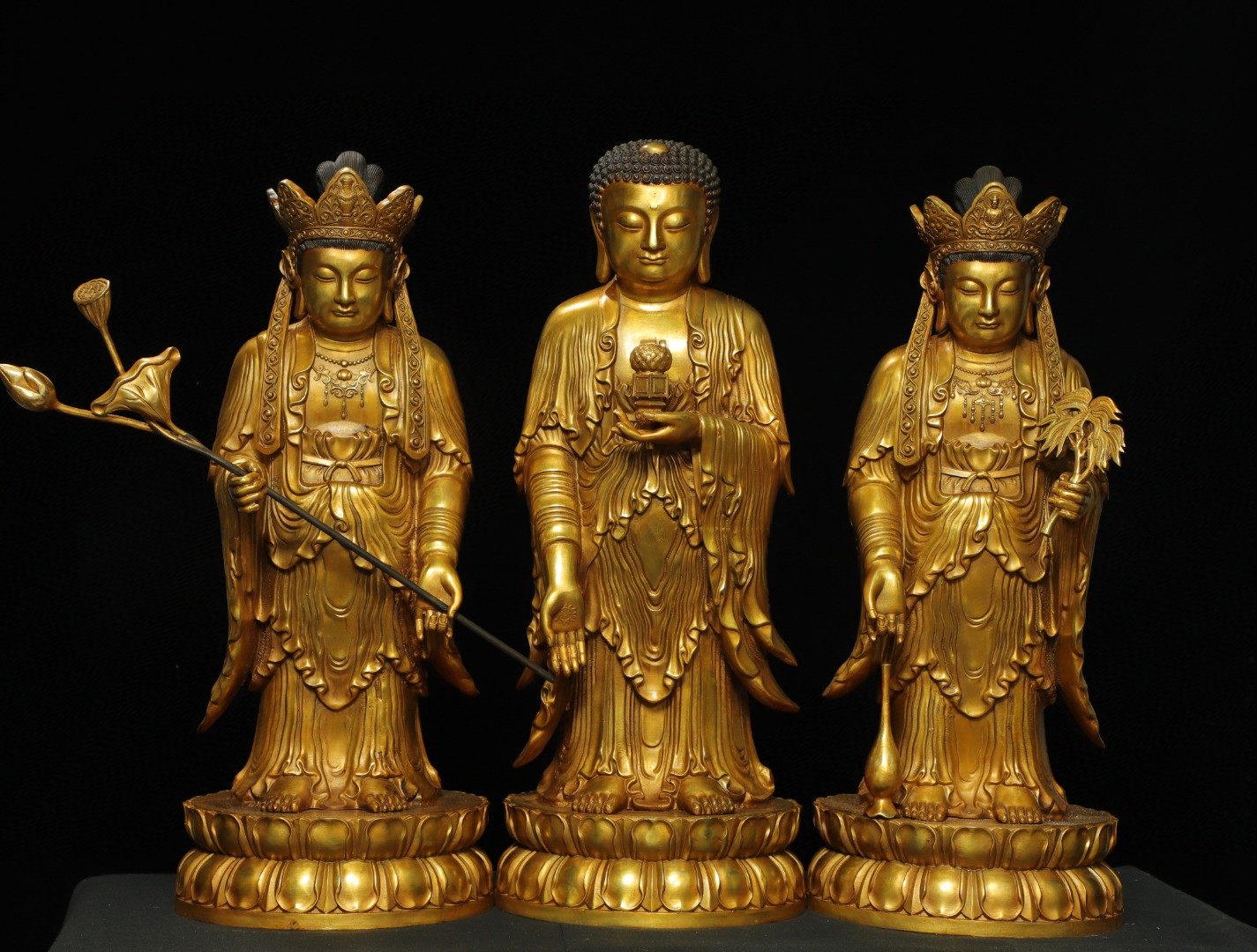 西方三圣黄铜鎏金观音大势至菩萨阿弥陀佛家居佛堂供佛装饰品摆件