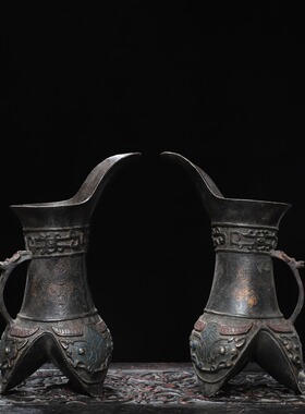 仿古纯黄铜器雕古玩收藏三足斝商周酒具酒博物馆装饰展览铜艺术品