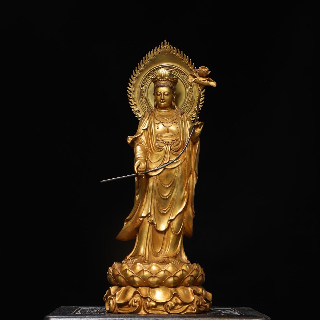 纯铜鎏金站观音大势至菩萨佛像供奉摆件像西方三圣家居佛堂装饰品
