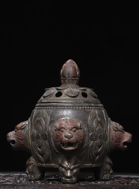 四面兽熏香炉纯黄铜器雕复古家居用客厅办公室装饰工艺品桌面摆件