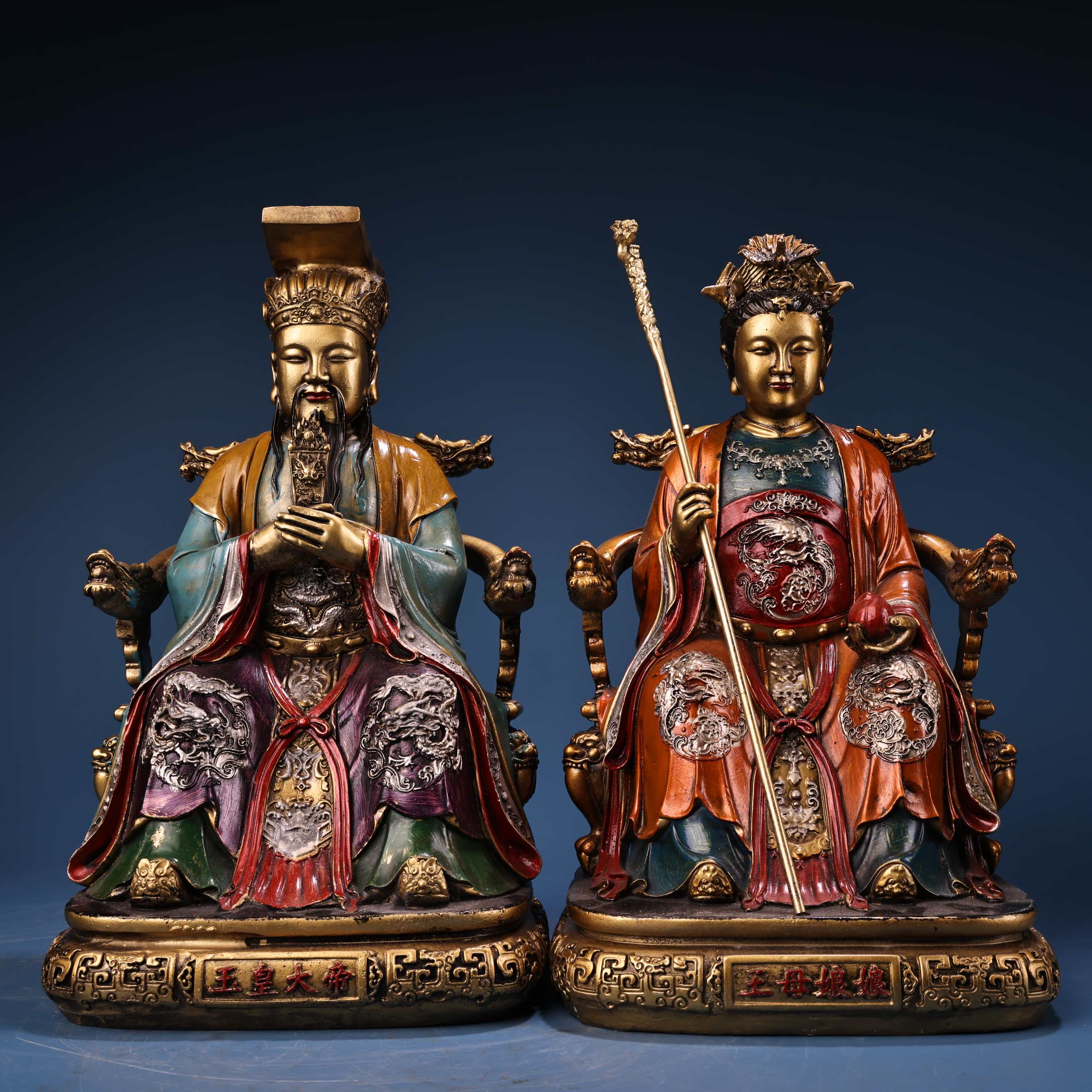 藏传密宗纯黄铜器雕彩绘玉皇大帝王母娘娘神像摆件精工家居用装饰