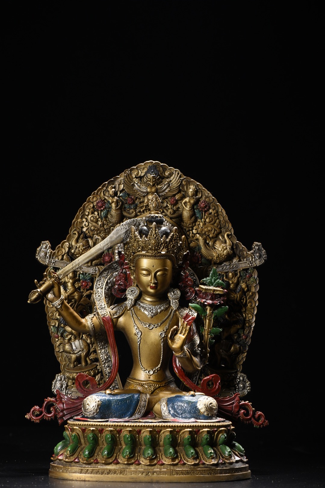 彩绘举剑文殊师利菩萨佛像西藏传密宗精工纯铜桌面工艺品装饰摆件