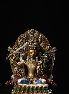 彩绘举剑文殊师利菩萨佛像西藏传密宗精工纯铜桌面工艺品装饰摆件
