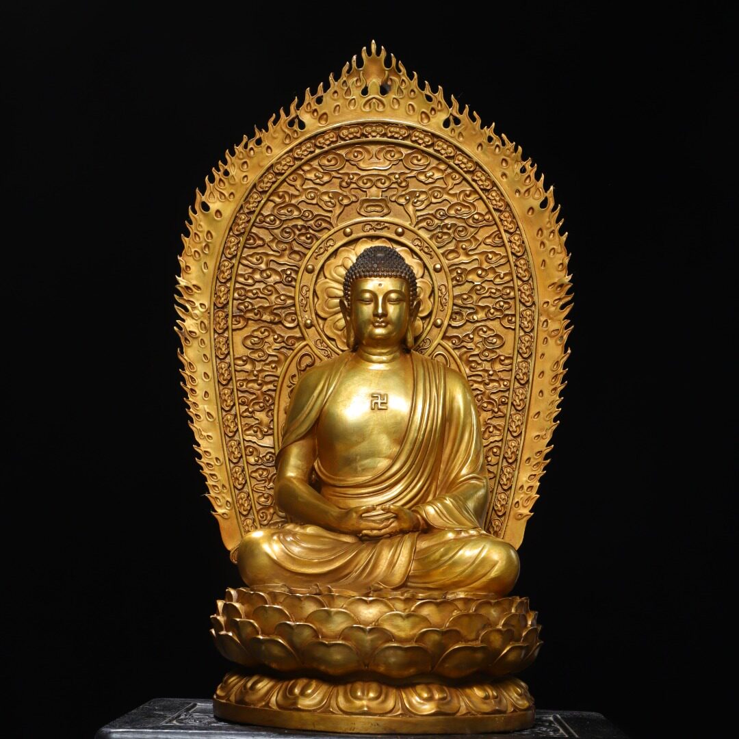 大号纯铜鎏金释迦牟尼佛像带背光家居佛堂供奉装饰工艺品桌面摆件
