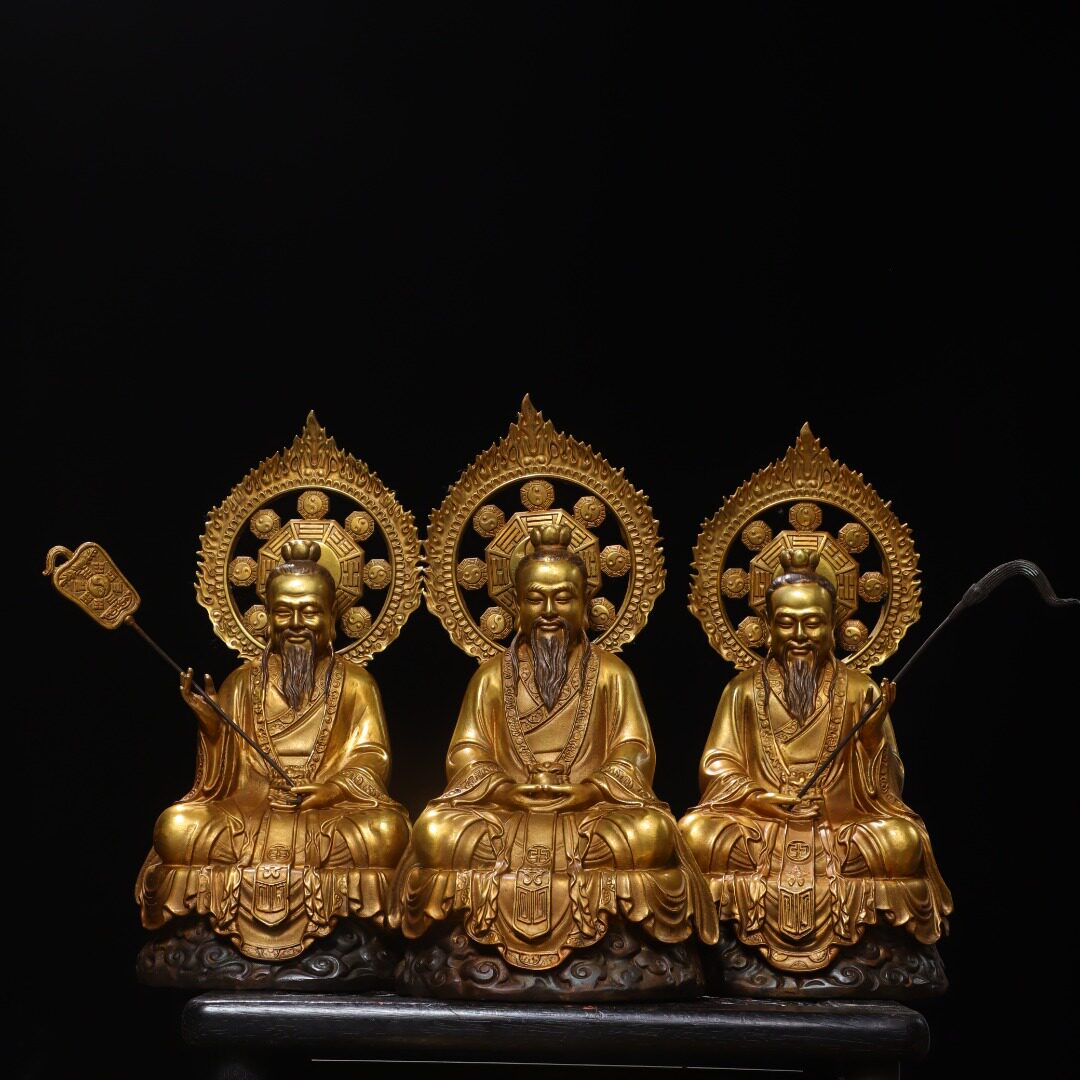 三清祖师爷像纯铜鎏金复古藏传密宗家居用佛堂供奉装饰工艺品摆件