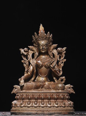 纯黄铜泥金白度母菩萨佛像复古桌面摆件家居用佛堂供奉装饰工艺品