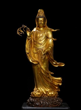 大号纯黄铜全鎏金观音菩萨站像居家用佛堂供养鎏金站莲花净瓶柳枝