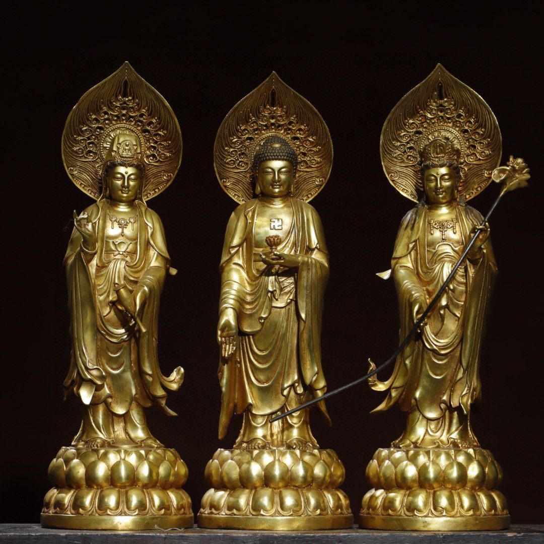 藏传密宗纯铜鎏金西方三圣佛像摆件阿弥陀大势至观音菩萨佛堂供奉