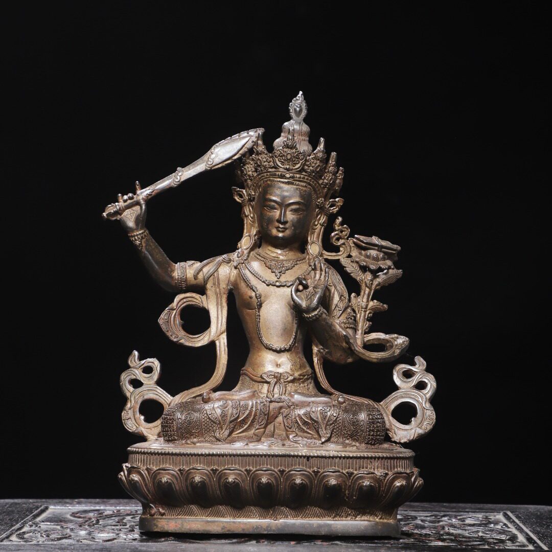 藏传式密宗全泥金纯黄铜举剑文殊菩萨佛像居家供奉装饰工艺品摆件