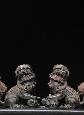 古董文玩老铜胎手工雕刻狮子一对事事如意复古老物件客厅书房摆件