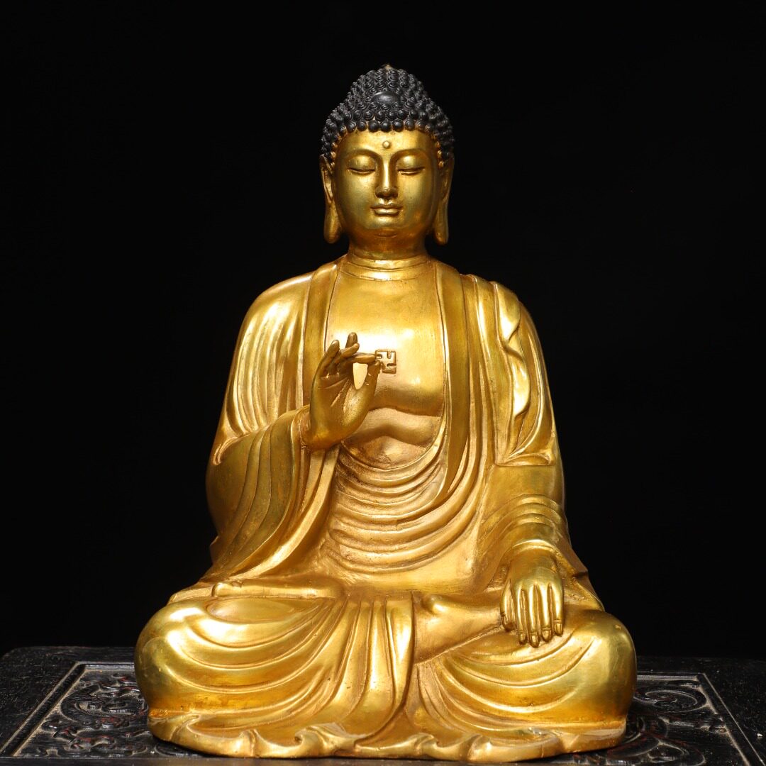 大日如来佛像纯黄铜鎏金释迦牟尼家居佛堂供奉桌面装饰品复古摆件
