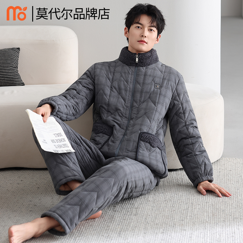 睡衣男士冬季珊瑚绒三层加厚加绒夹棉袄2025新款秋冬款超厚家居服