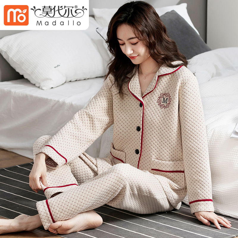 空气棉睡衣女士春秋季加厚纯棉长袖家居服秋冬季冬款夹层夹棉女款