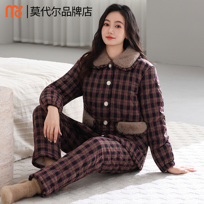 冬季睡衣女三层加厚加绒梭织纯棉夹棉女士2025新款珊瑚绒家居服女