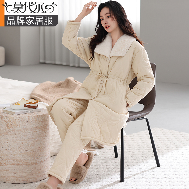 睡衣女士秋冬季三层夹棉袄新款加绒加厚保暖家居服冬天套装可外穿