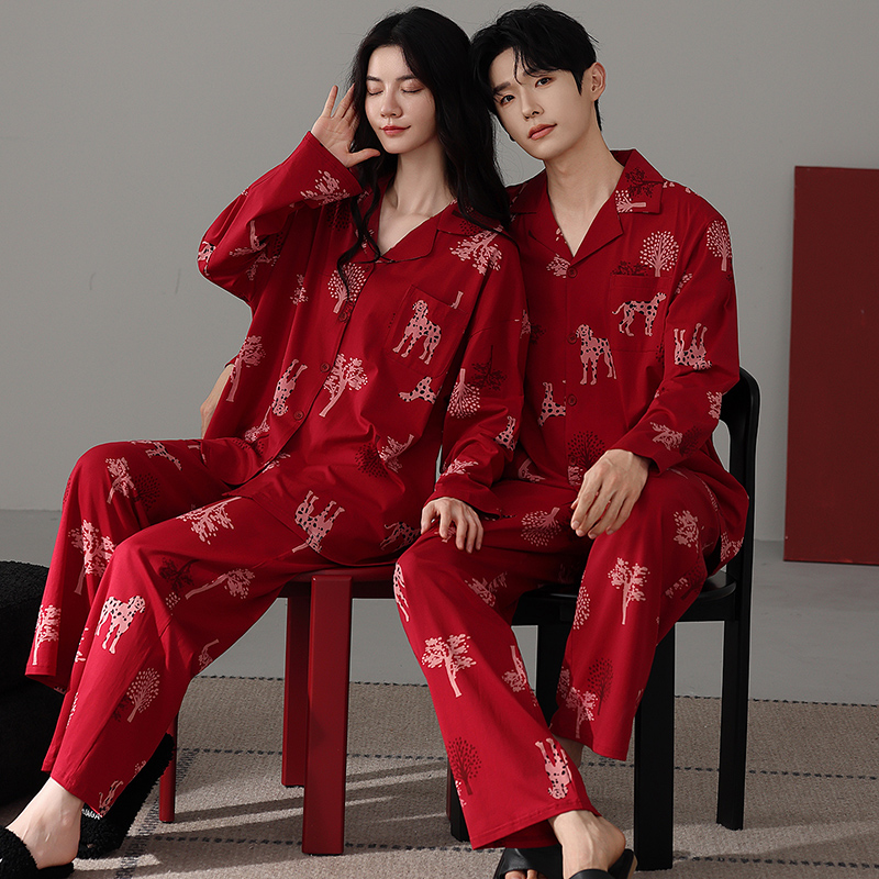 2套价 秋季红色睡衣结婚情侣纯棉本命年喜庆一男一女家居服春秋款