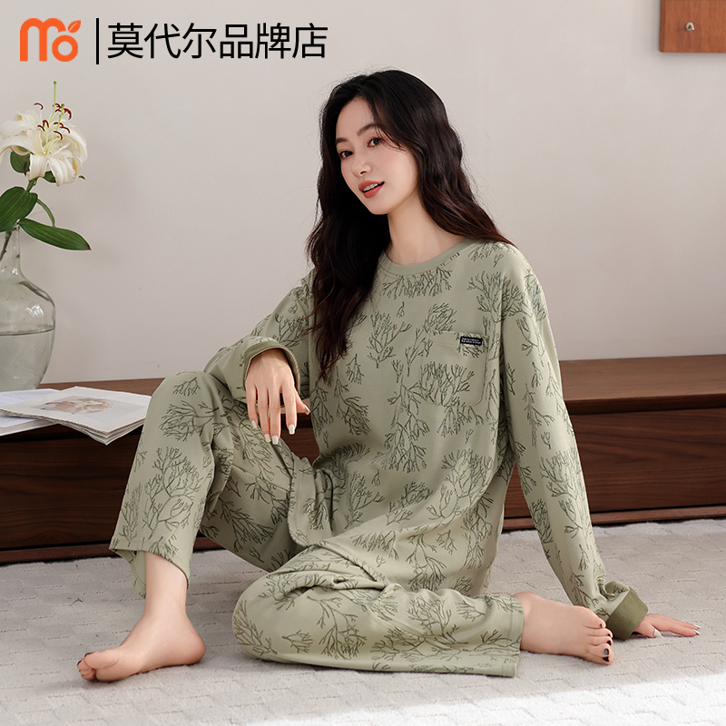 睡衣女士纯棉圆领长袖2025新款家居服套装印花宽松休闲可外穿女款