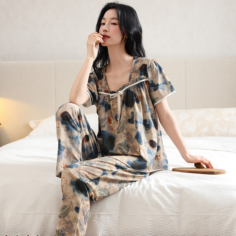 睡衣女夏季纯棉短袖长裤夏天薄款大码休闲套头中年妈妈家居服套装