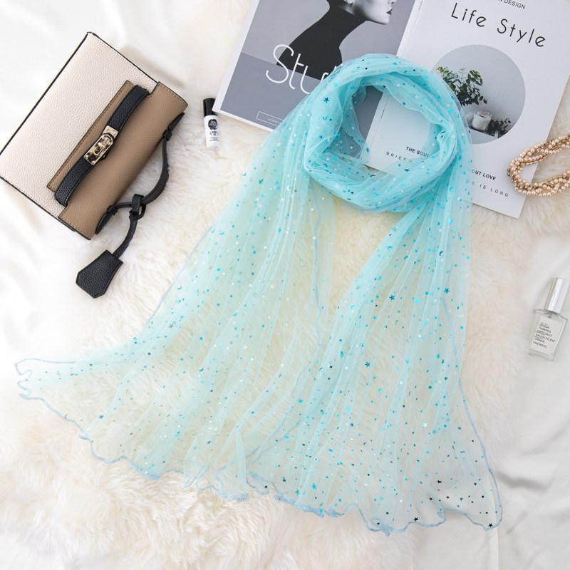 洋气百搭女薄围巾复古蓝色亮片纱巾时尚婚纱丝巾外搭装饰大长披肩