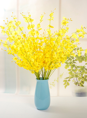 跳舞兰仿真花 欧式轻奢黄色假花绢花干花束套装室内装饰餐桌插花