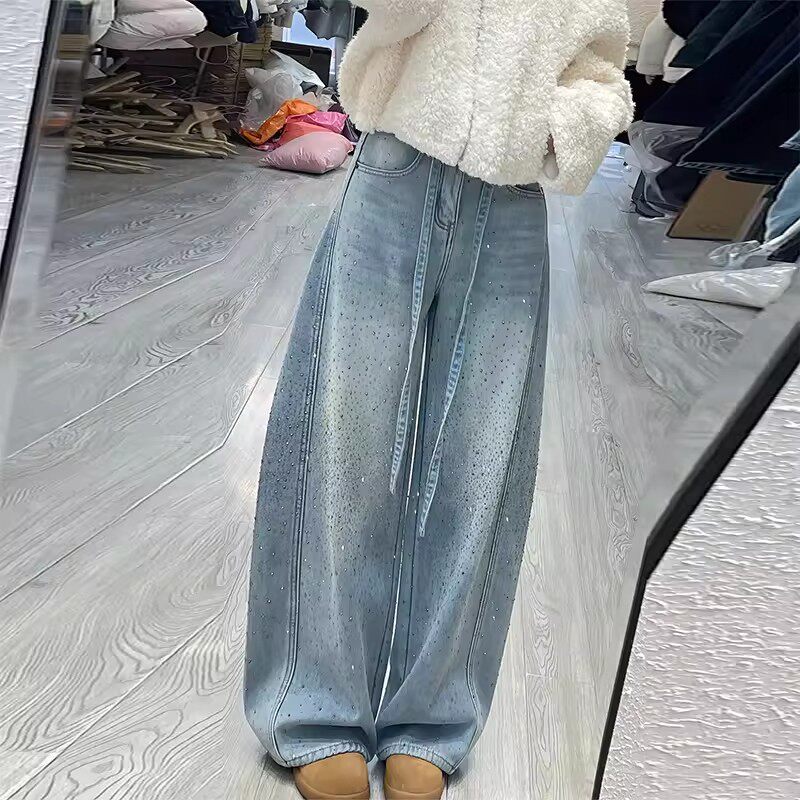 美式满天星烫钻阔腿牛仔裤女2026春季新款时尚宽松弯刀拖地裤