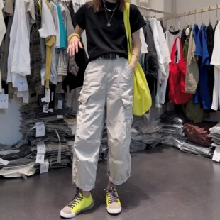 灰白色工装牛仔裤女夏季薄款2026新款大码胖mm显瘦九分阔腿直筒裤