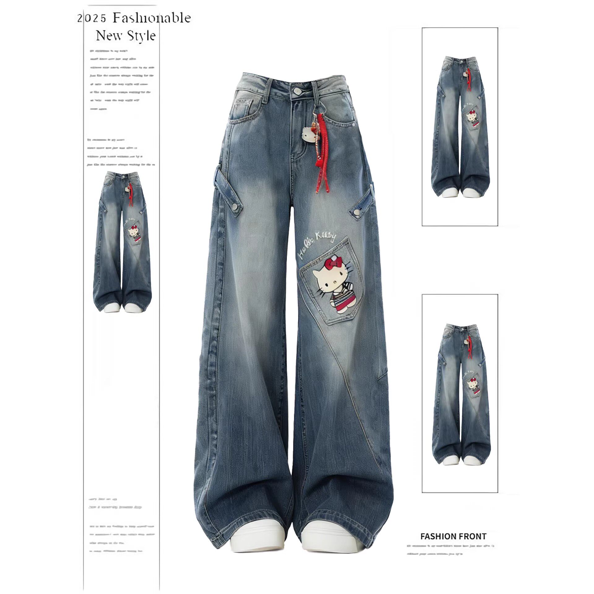 蓝色kitty印花牛仔裤裤子女款2026春季新款小众减龄阔腿裤工装裤