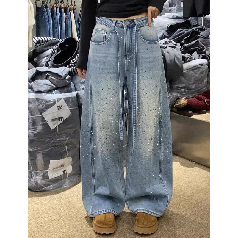 大码美式复古设计感烫钻牛仔裤女2026春秋辣妹宽松显瘦阔腿拖地裤
