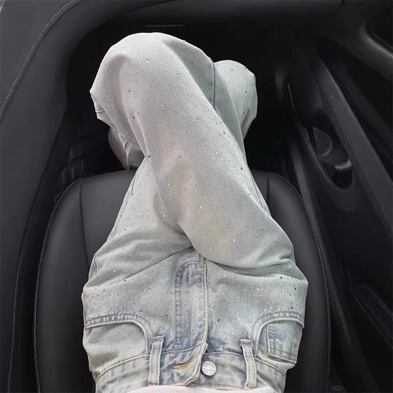 浅蓝阔腿牛仔裤女2026春季新款小个子显瘦烫钻设计感宽松直筒裤子