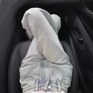 浅蓝阔腿牛仔裤女2026春季新款小个子显瘦烫钻设计感宽松直筒裤子