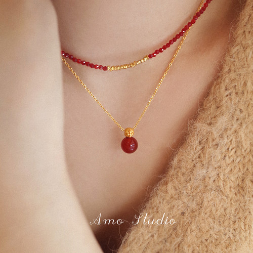 AMO天然红玛瑙项链女本命年国风