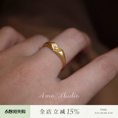 AMO金色闪钻爱心戒指中古高级感