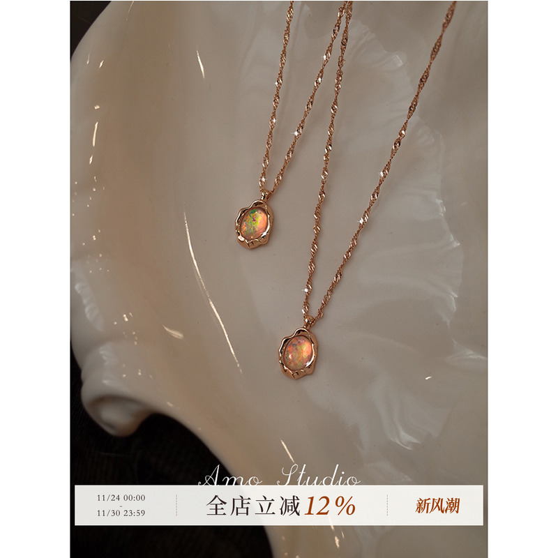 AMO合成欧泊项链女纯银复古高级