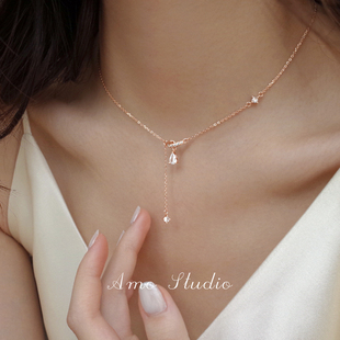 AMO晴川轻奢Y型极细水钻锁骨链百搭小众细链项链S925纯银颈链