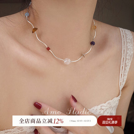 AMO泰兰德的秋冬轻奢多宝水晶纯银项链女小众高级彩色串珠锁骨链