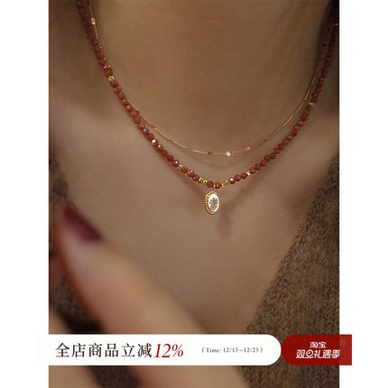 AMO冬日暖阳天然金沙石串珠项链女复古轻奢小众高级感锁骨链2025
