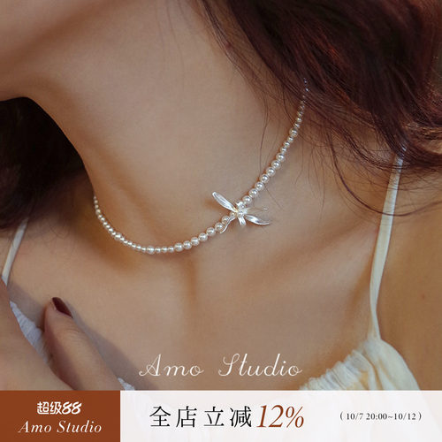 AMO兰花人造珍珠项链chocker复古