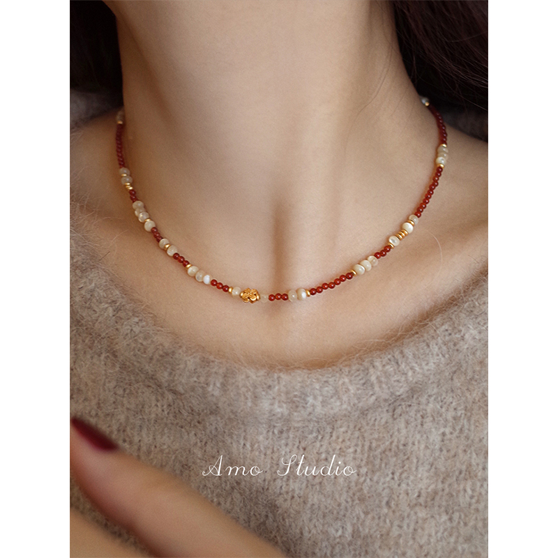 AMO红玛瑙贝壳四叶草项链新中式