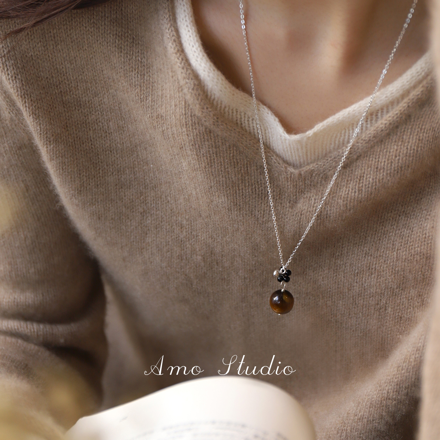 AMO虎眼石项链女秋冬百搭毛衣链