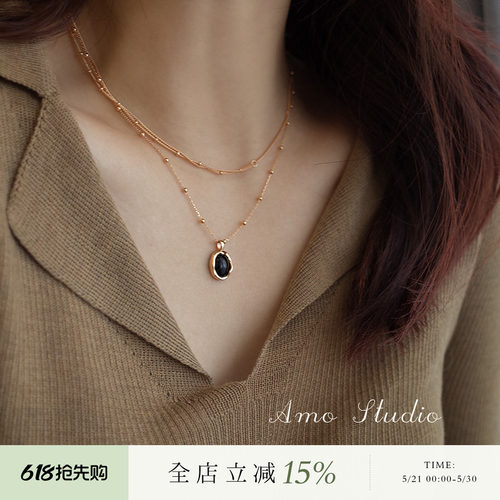 AMO金珠黑玛瑙项链女纯银两色入