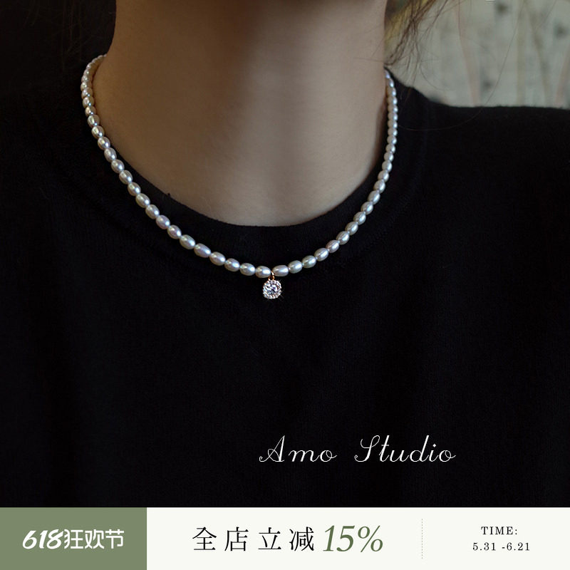 AMO水滴钻方块天然珍珠项链女轻奢小众设计感锁骨链气质高级颈链