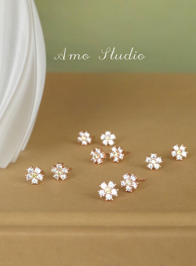 AMO初绽 闪钻花朵耳钉女精致小巧气质耳环简约百搭银针耳饰春夏