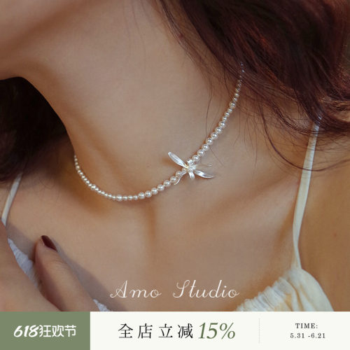 AMO兰花人造珍珠项链chocker复古
