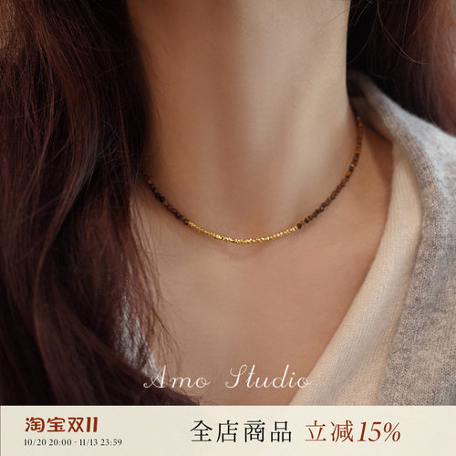 AMO虎眼石碎银项链女复古美拉德